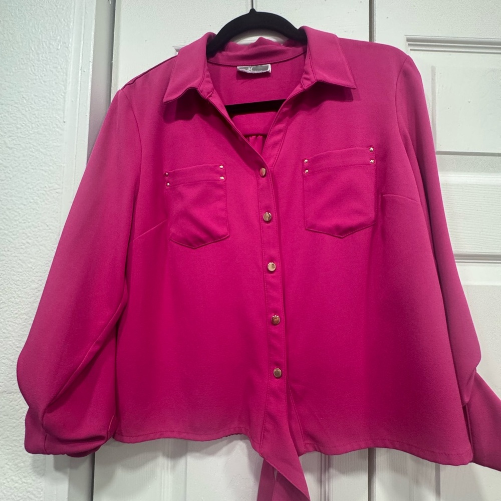 JM Collection Pink Boxy Button Down Shirt with Notched Collar